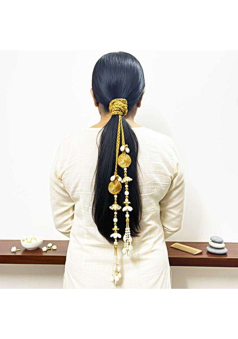 Suwasna Natural Sea Shell and Gold Braided Paranda for Women Ethnic and Traditional Hair Accessory Parandi - Indya