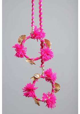 Peppy Paranda Traditional Hair Accessory with Red Pom Poms Gold Chakri Cowrie Shells Pink