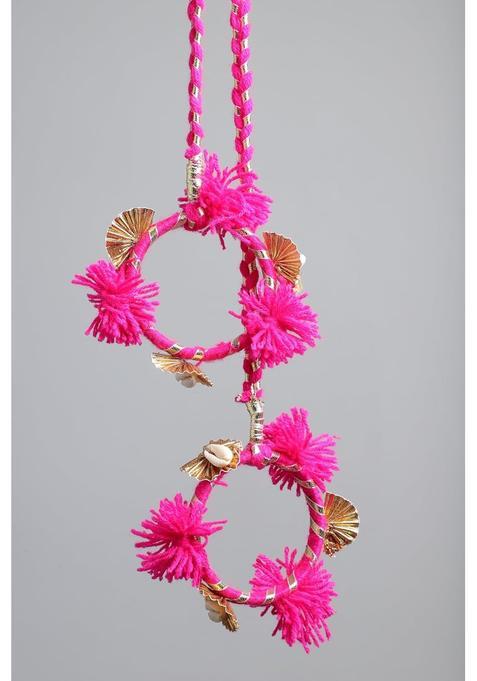 Peppy Paranda Traditional Hair Accessory with Red Pom Poms Gold Chakri Cowrie Shells Pink