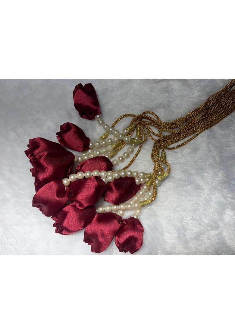 Handmade Punjabi Paranda for Women Satin Rose Floral Hair Paranda with Pearl Beads and Golden Braided Tassel - Indya