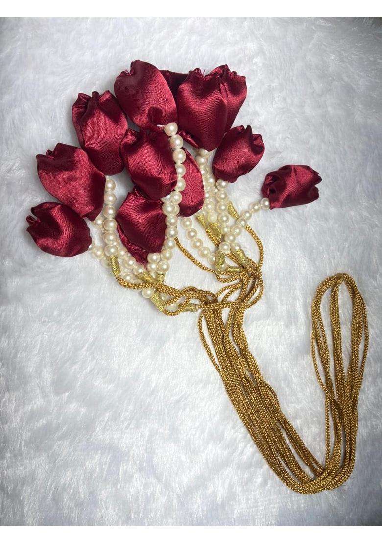 Handmade Punjabi Paranda for Women Satin Rose Floral Hair Paranda with Pearl Beads and Golden Braided Tassel - Indya