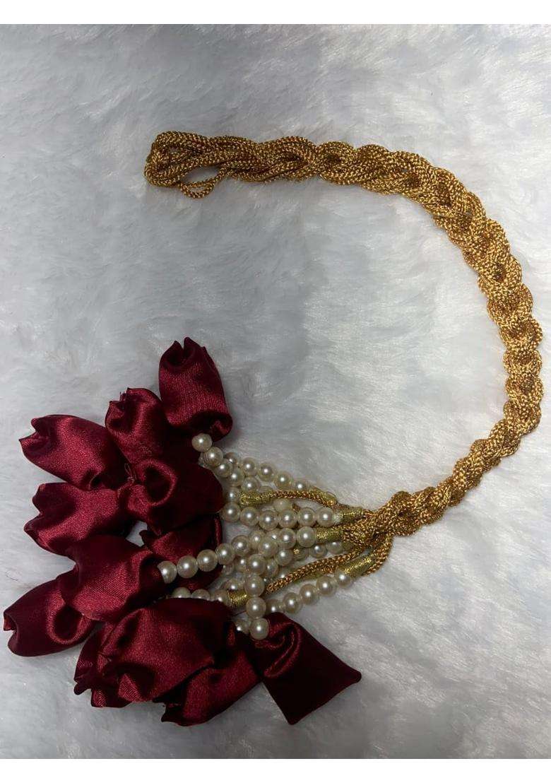 Handmade Punjabi Paranda for Women Satin Rose Floral Hair Paranda with Pearl Beads and Golden Braided Tassel - Indya