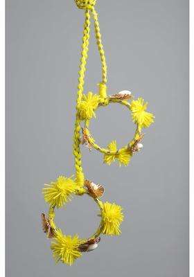 Peppy Paranda Traditional Hair Accessory with Red Pom Poms Gold Chakri Cowrie Shells Yellow