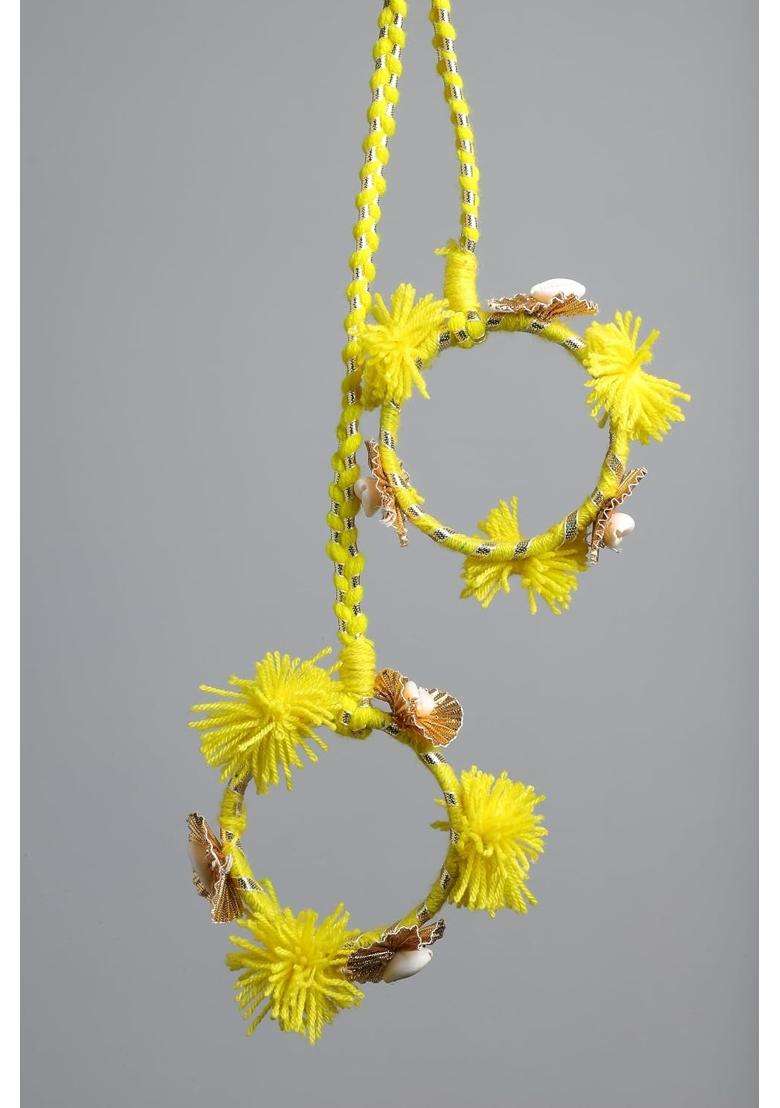 Peppy Paranda Traditional Hair Accessory with Red Pom Poms Gold Chakri Cowrie Shells Yellow - Indya