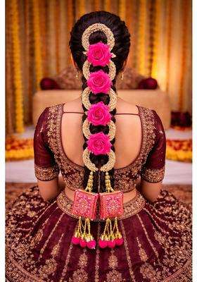 Bridal Hair Paranda with Pink Rose Flowers Gold Braid Accessory for Wedding