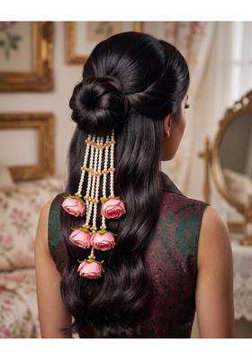 Zewla Craft Handcrafted Pink Rose Golden Ghungroo Pearl Veni Paranda Hair Extension