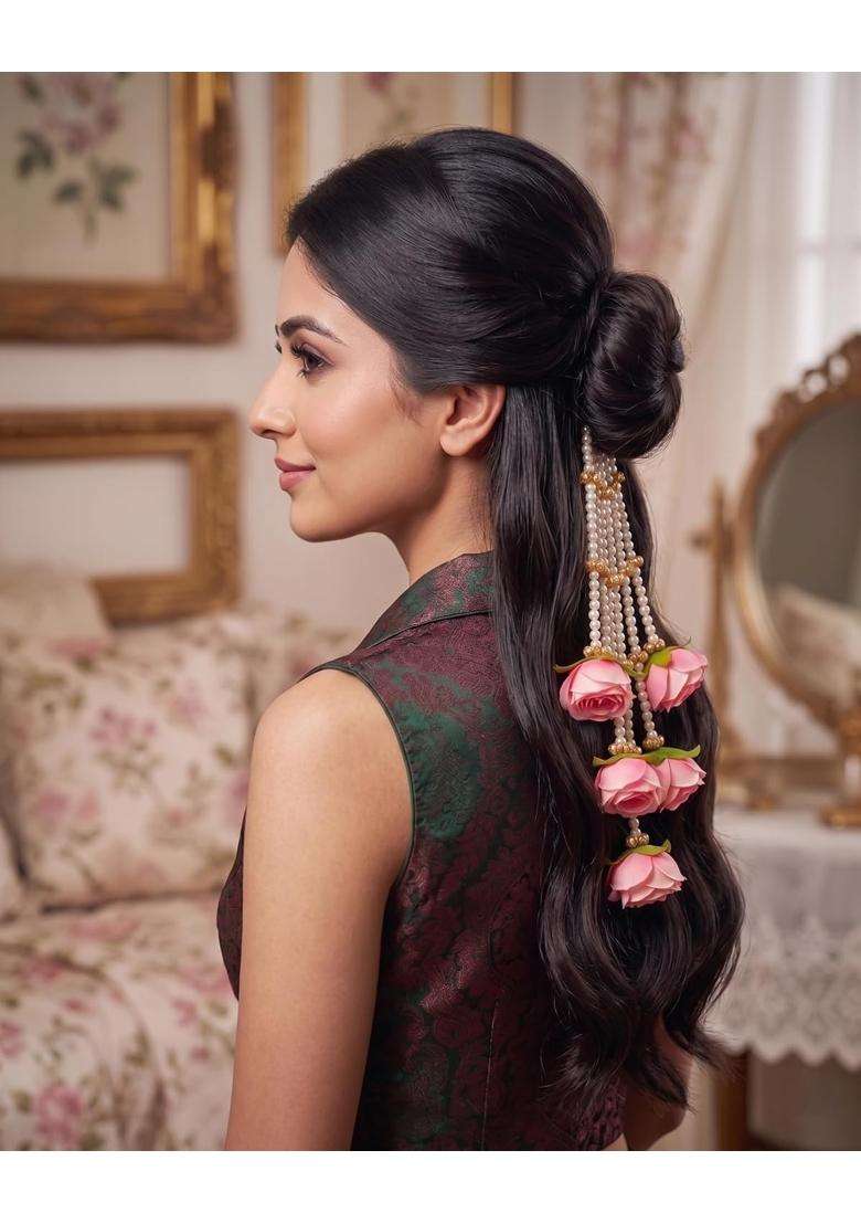 Zewla Craft Handcrafted Pink Rose Golden Ghungroo Pearl Veni Paranda Hair Extension - Indya