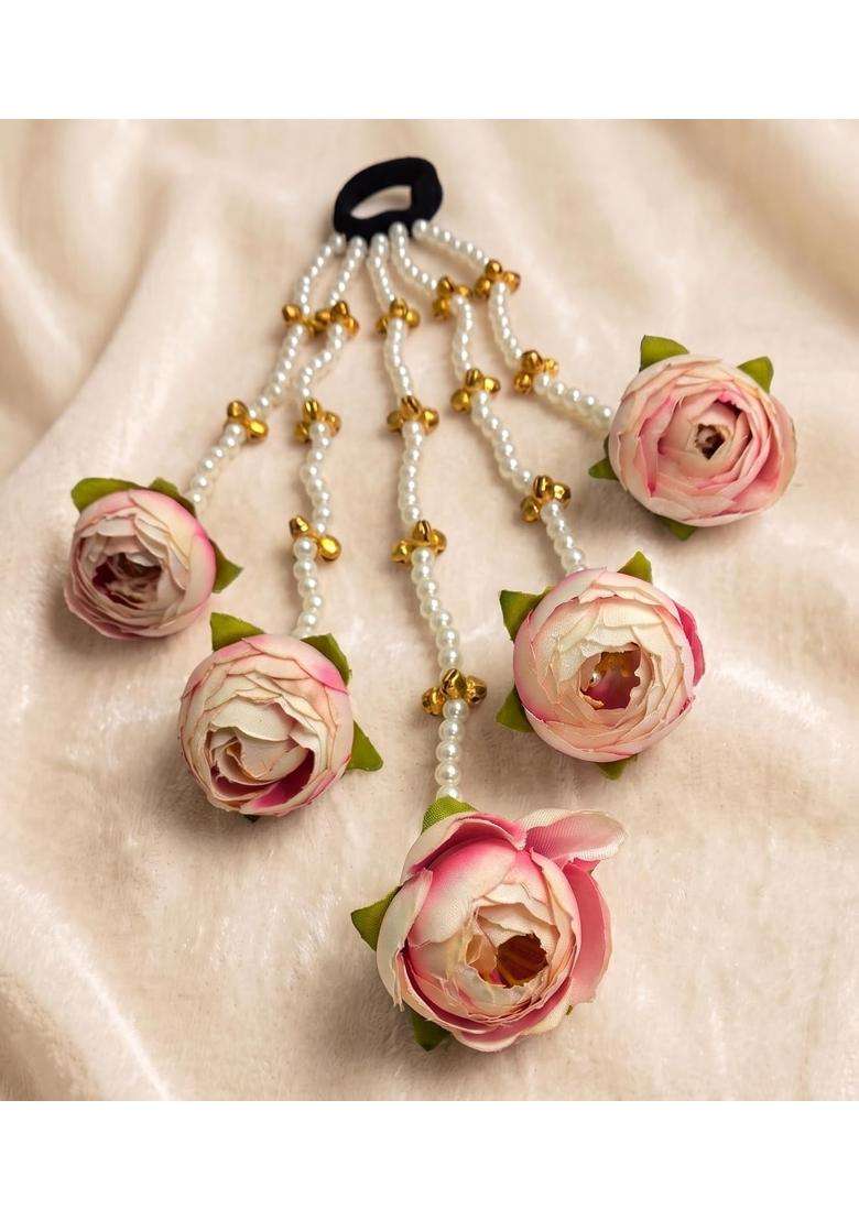 Zewla Craft Handcrafted Pink Rose Golden Ghungroo Pearl Veni Paranda Hair Extension - Indya