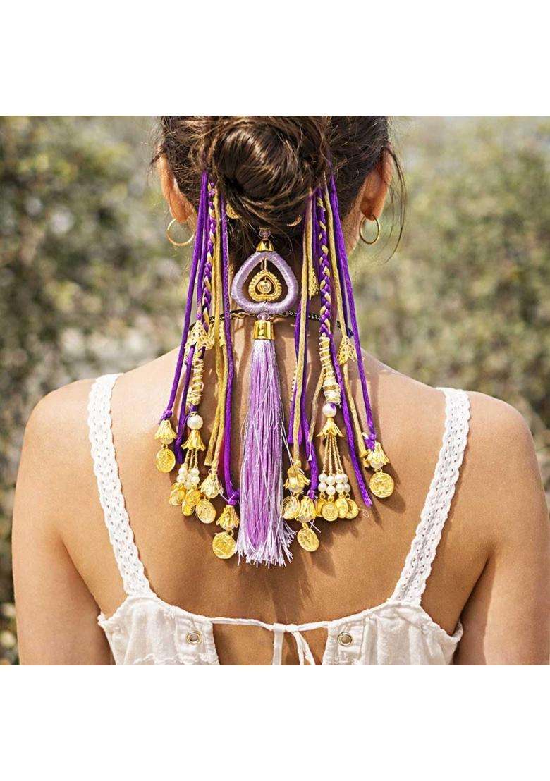 Suwasna Purple Boho Hair Tie with Thread Tassels Braids and Coin Charms Paranda - Indya