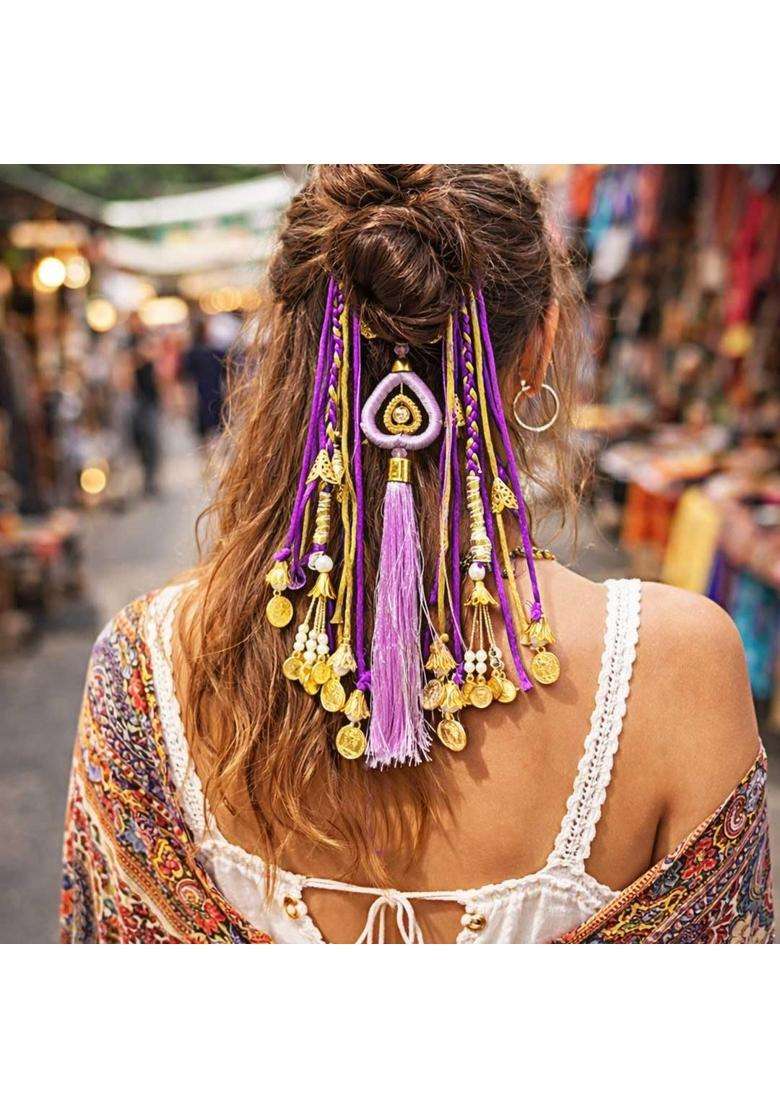 Suwasna Purple Boho Hair Tie with Thread Tassels Braids and Coin Charms Paranda - Indya