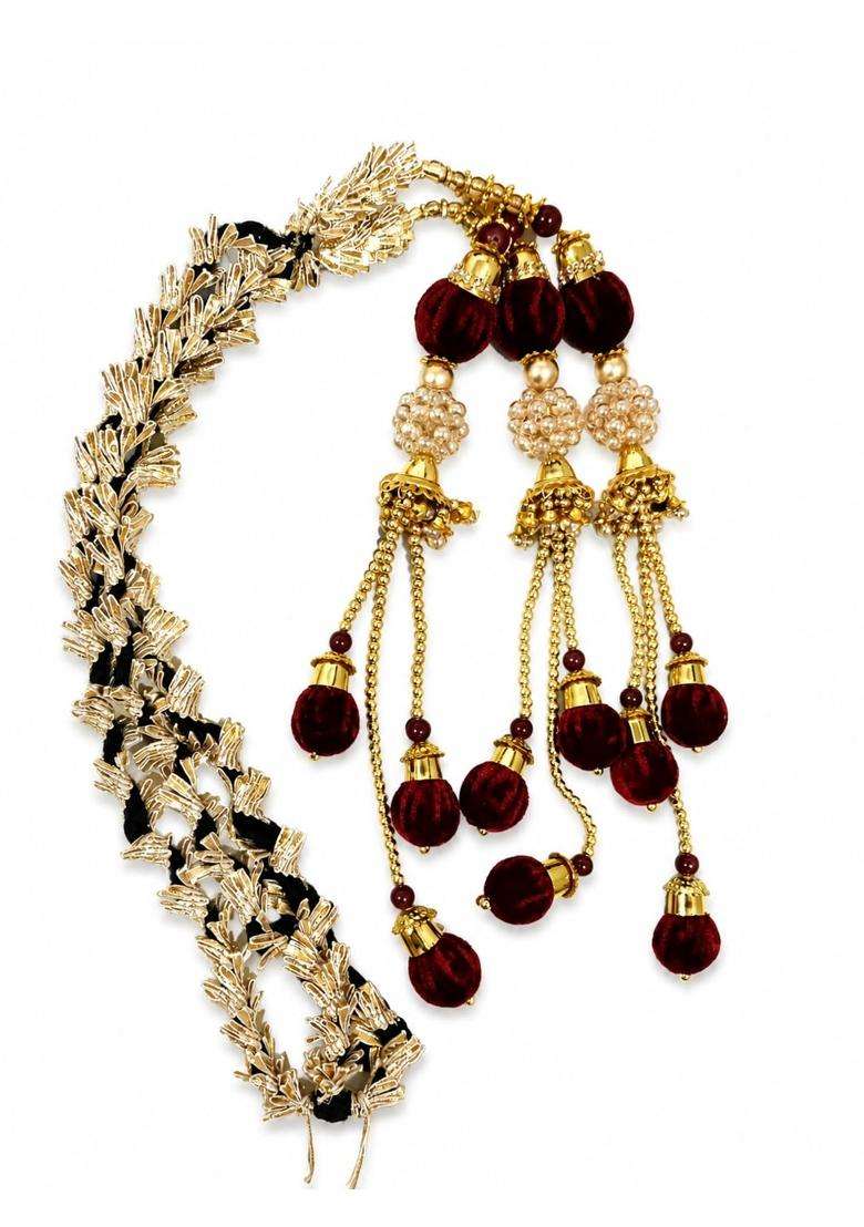 Traditional Maroon and Golden Decorative Paranda Braid Hair Extension - Indya