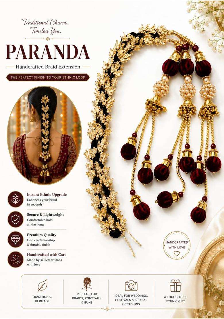 Traditional Maroon and Golden Decorative Paranda Braid Hair Extension - Indya