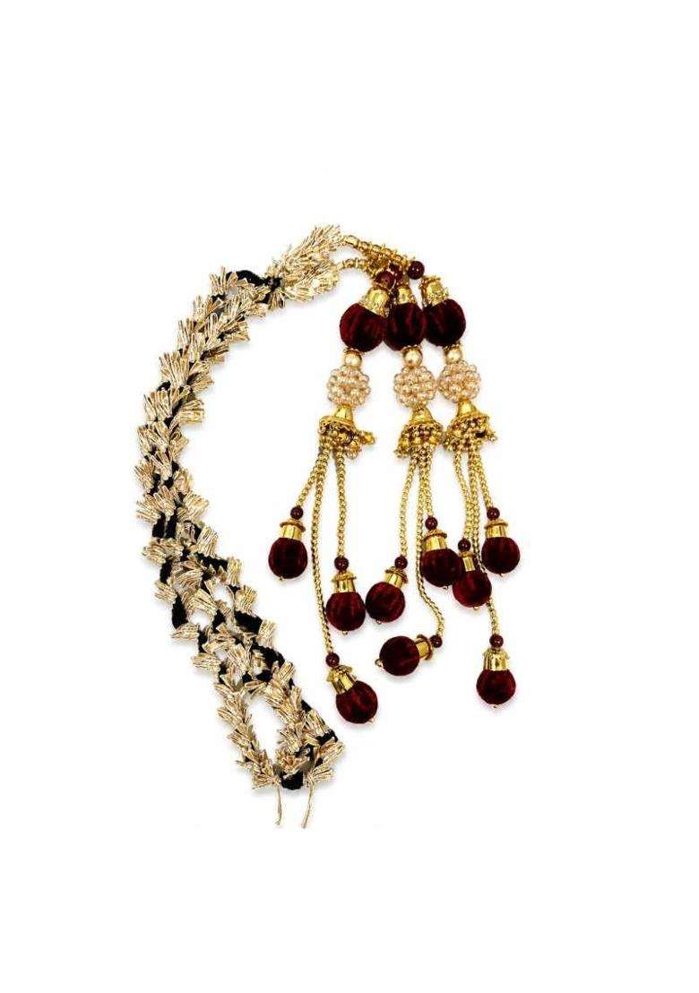 Traditional Maroon and Golden Decorative Paranda Braid Hair Extension - Indya