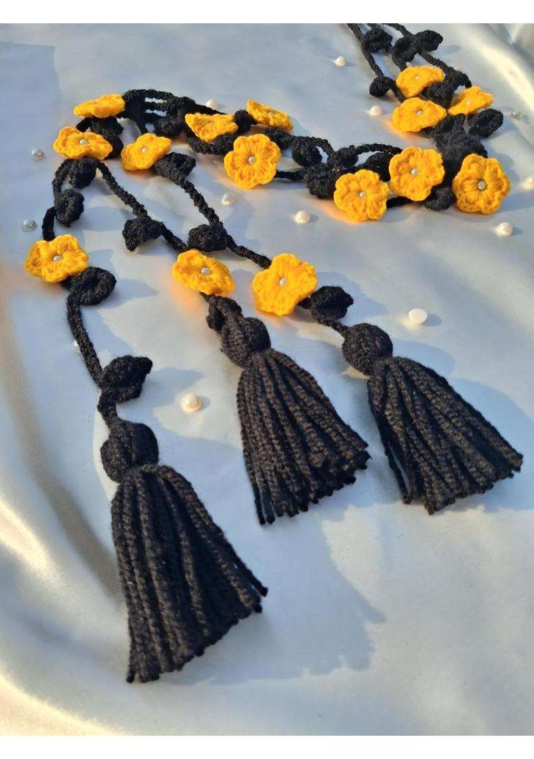 Handmade Crochet Flower Braid Paranda for Women 70CM Plus Surprise Gift Yellow and Black - Indya