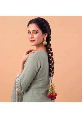 Zewla Craft Handcrafted Rose Kashmiri Golden Ghungroo Pearl Parandi Hair Accessory