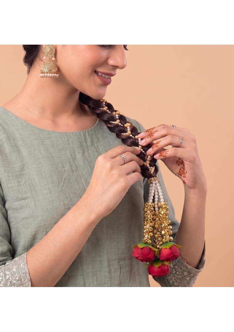 Zewla Craft Handcrafted Rose Kashmiri Golden Ghungroo Pearl Parandi Hair Accessory - Indya