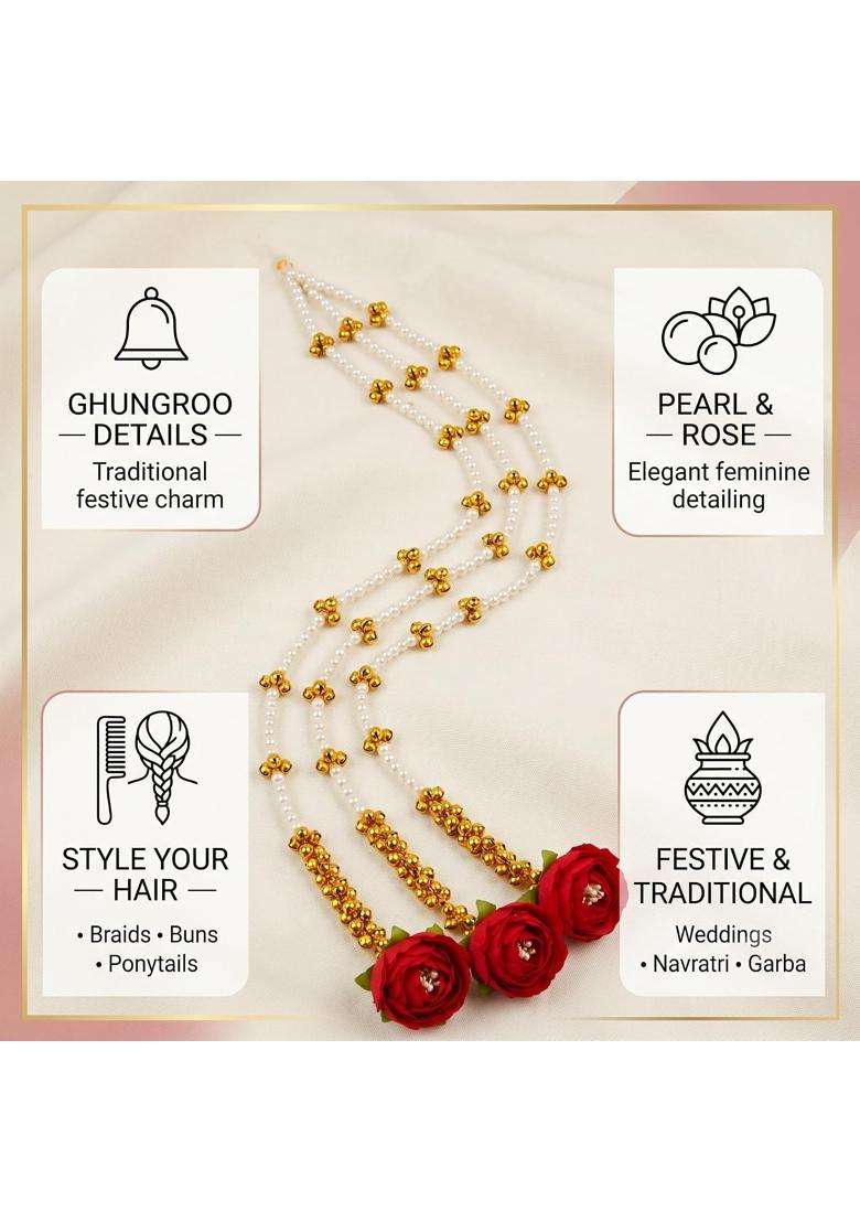 Zewla Craft Handcrafted Rose Kashmiri Golden Ghungroo Pearl Parandi Hair Accessory - Indya