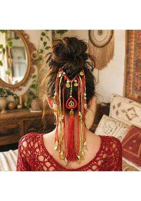 Suwasna Red Boho Hair Tie with Thread Tassels Braids and Coin Charms Paranda