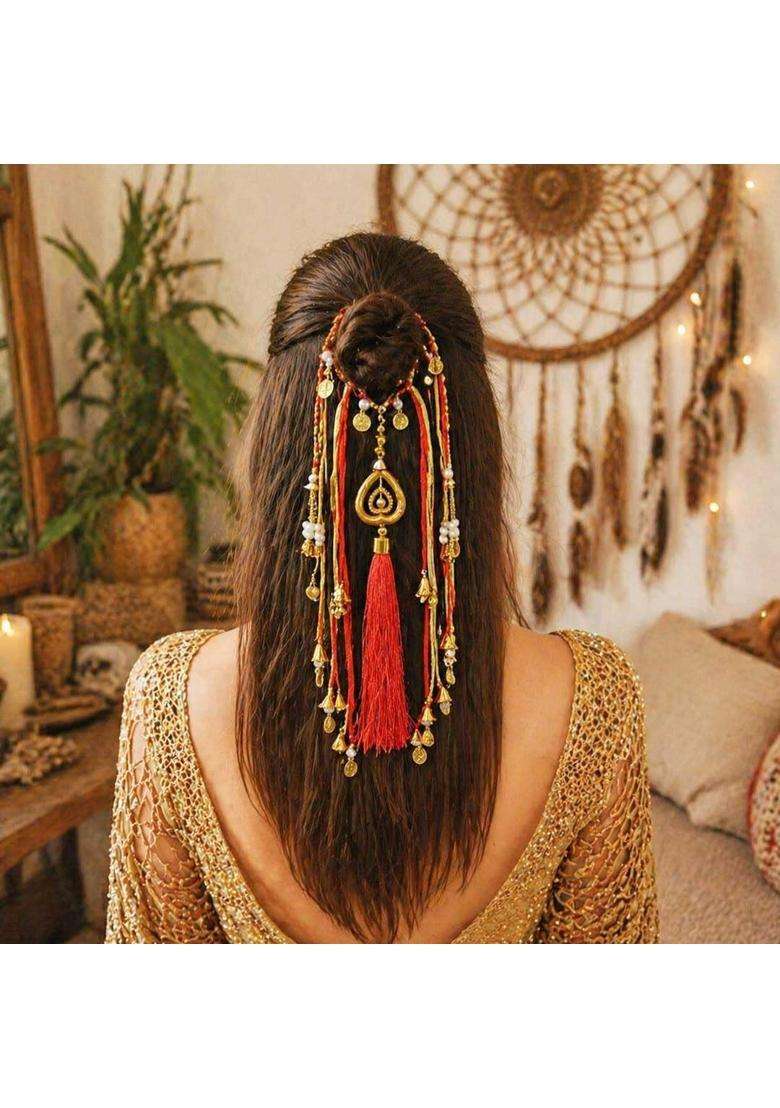 Suwasna Red Boho Hair Tie with Thread Tassels Braids and Coin Charms Paranda - Indya
