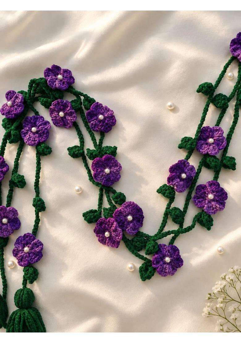 Handmade Crochet Flower Braid Paranda for Women 70CM Plus Surprise Gift Dual Shade Purple - Indya