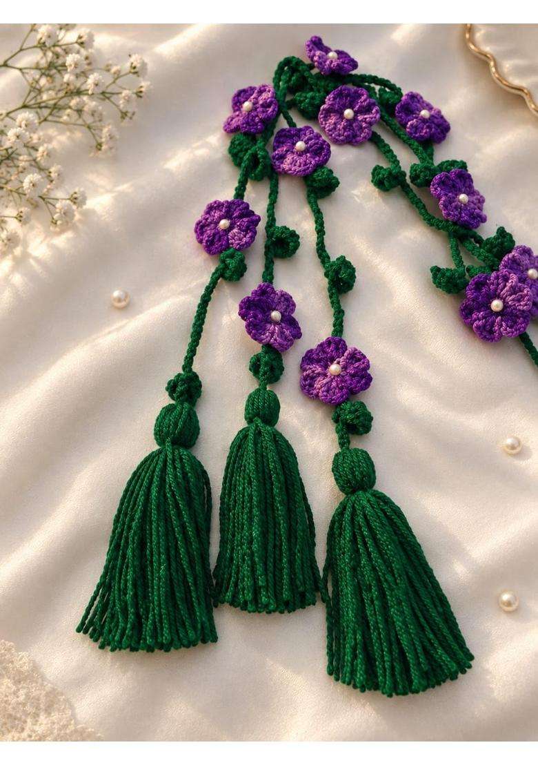 Handmade Crochet Flower Braid Paranda for Women 70CM Plus Surprise Gift Dual Shade Purple - Indya