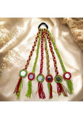 Suwasna Green Boho Style Tassel Hair Tie with Real Glass Mirror and Pom Paranda
