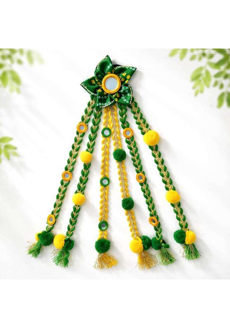 Suwasna Green Boho Style Tassel Hair Tie with Real Glass Mirror and Pom Paranda - Indya