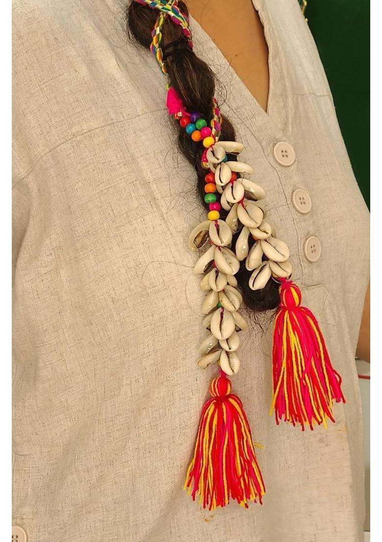 Peppy Paranda Traditional Punjabi Hair Accessory Multicolour Woolen Hair Paranda with Shells and Beads - Indya