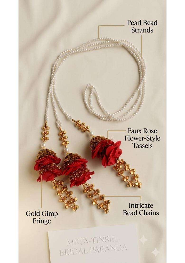 Velina Pearl and Rose with Tiny Jingle Bell Tassel Panjabi Paranda Handcrafted Traditional Hair Parandi Braid - Indya