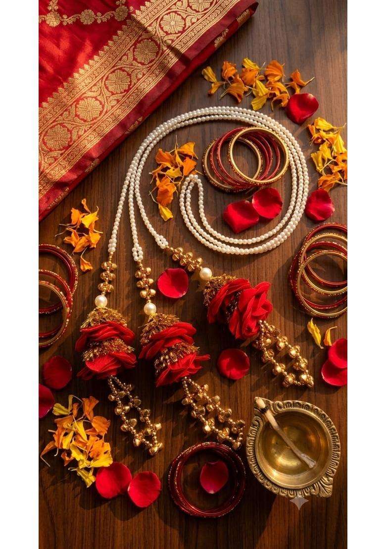Velina Pearl and Rose with Tiny Jingle Bell Tassel Panjabi Paranda Handcrafted Traditional Hair Parandi Braid - Indya