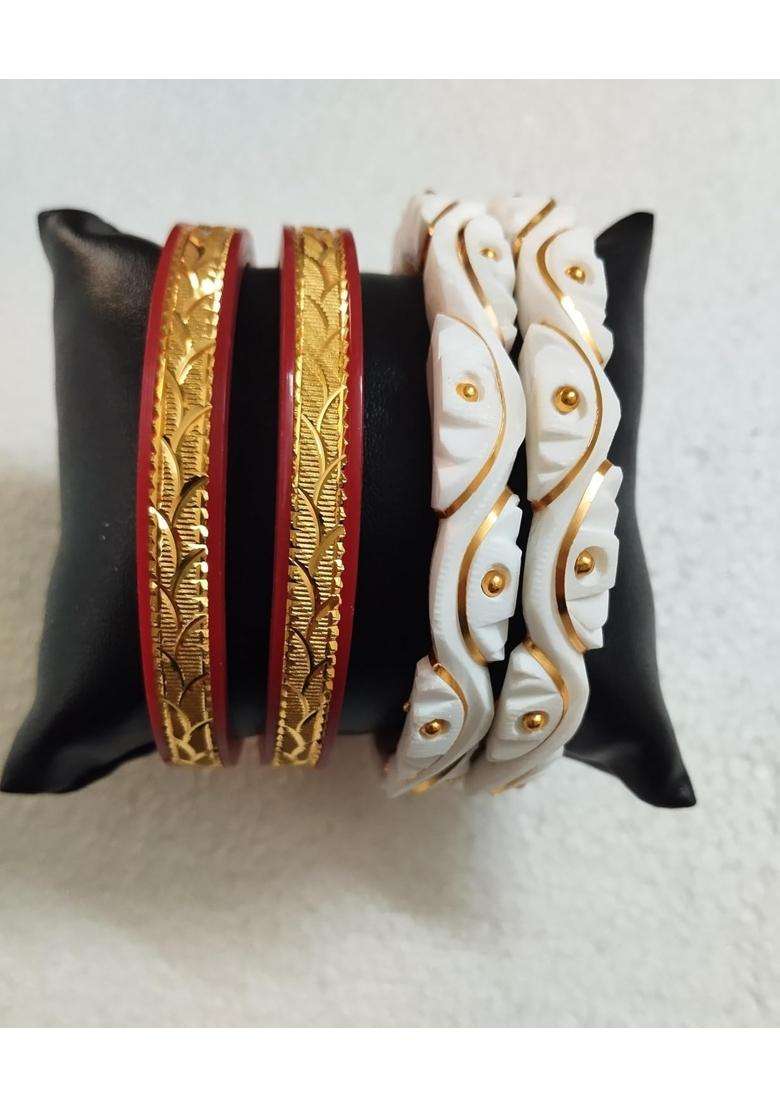 Purabi Gold Plated Sankha Pola Bengali Bridal Bangles Set for Women Traditional Shakha Pola Chura with White - Indya