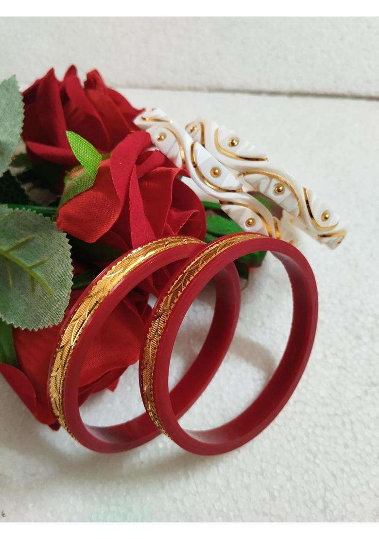 Purabi Gold Plated Sankha Pola Bengali Bridal Bangles Set for Women Traditional Shakha Pola Chura with White - Indya