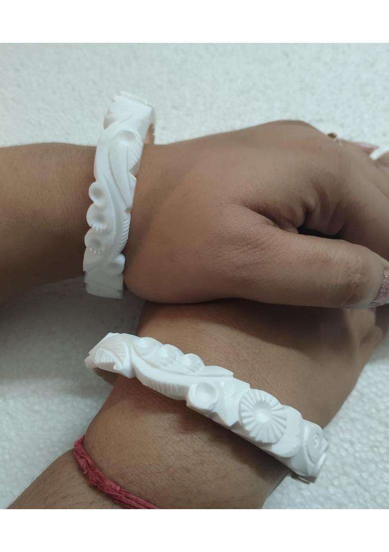 Purabi Jewels Traditional White Carved Original Shakha Bangle Made From Conch Shell Set of 2 - Indya