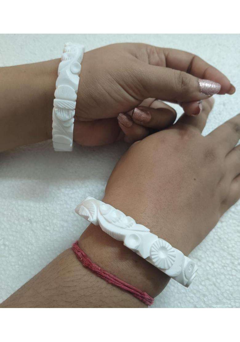 Purabi Jewels Traditional White Carved Original Shakha Bangle Made From Conch Shell Set of 2 - Indya