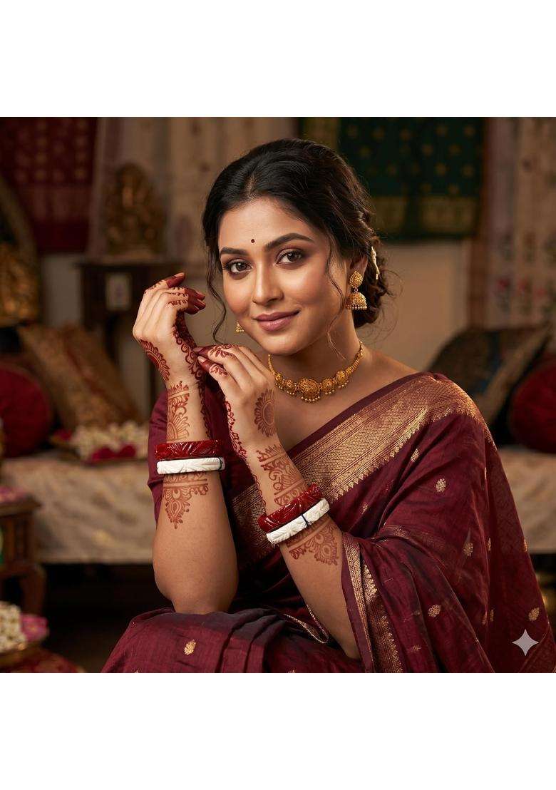 Thick and Premium Sakha Pola for Women Original Bengali Sankha Pola Bangles Set Wedding Red and White Bangles - Indya