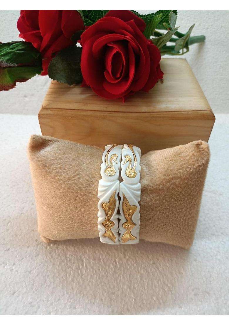 Purabi White Jewels Original Hand Carved Conch Shell Shakha Bangles with Traditional Peacock Work Set of 2 - Indya
