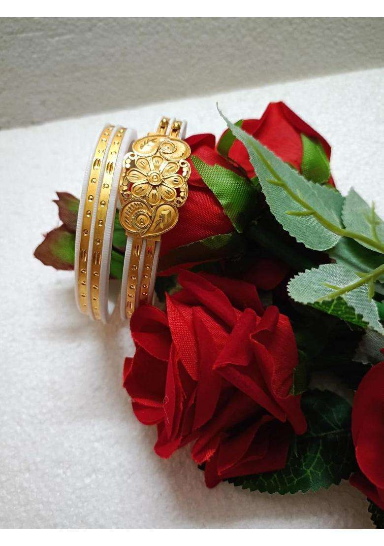 Purabi Jewels Floral Design Double Line Gold Plated Original White Shakha Bangles for Women - Indya