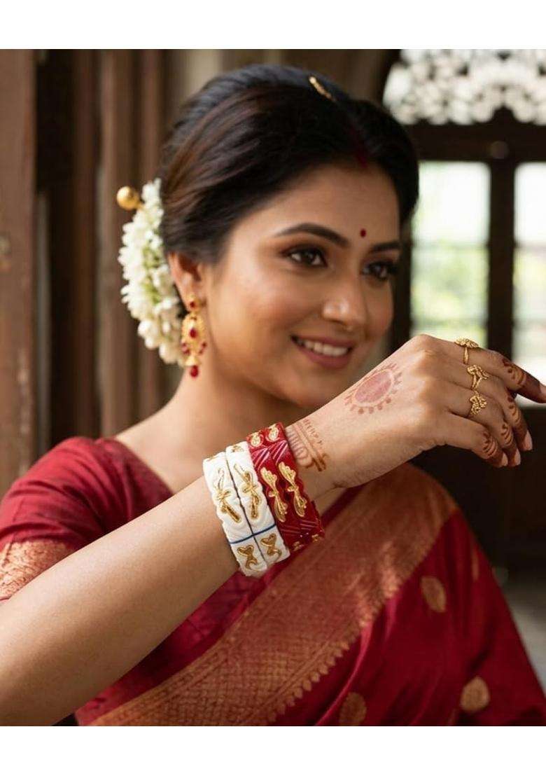 Purabi Original Shakha Pola Badhano Bangle Set Red and White with Gold Design - Indya