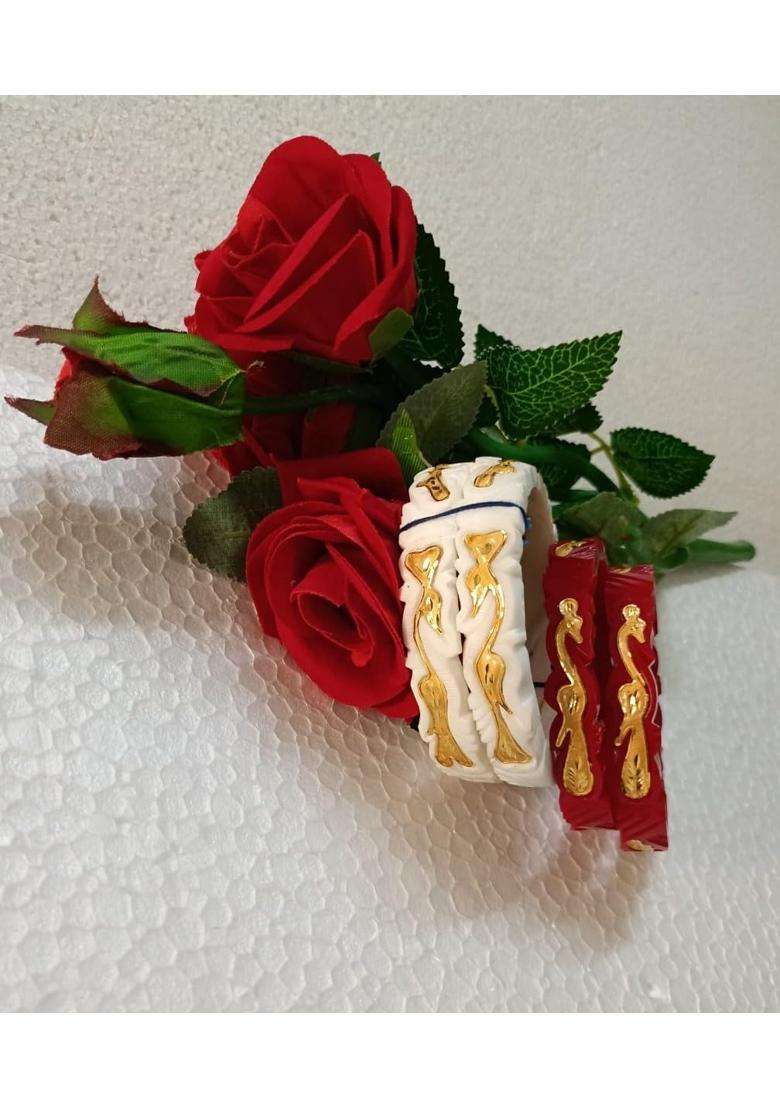 Purabi Original Shakha Pola Badhano Bangle Set Red and White with Gold Design - Indya