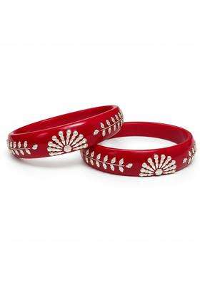 Lakshmi Jewellery Red Pola Bangles for Women with 925 Sterling Silver Peacock and Leaf Motif