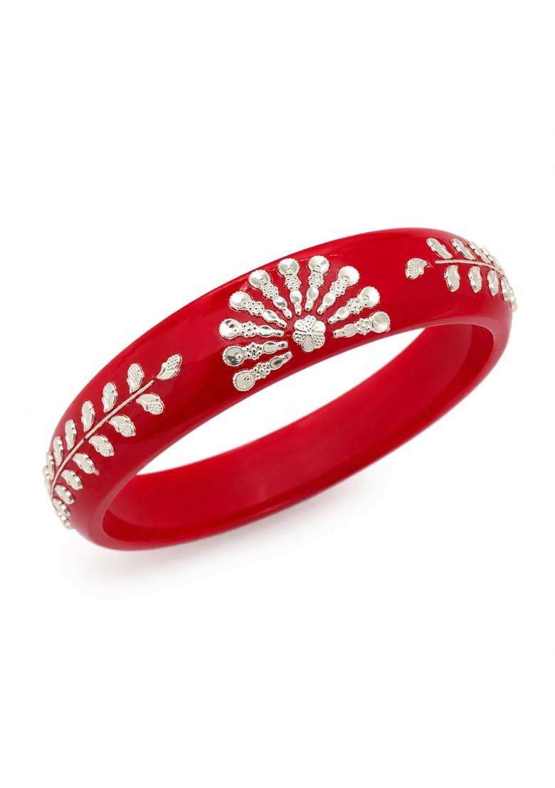 Lakshmi Jewellery Red Pola Bangles for Women with 925 Sterling Silver Peacock and Leaf Motif - Indya
