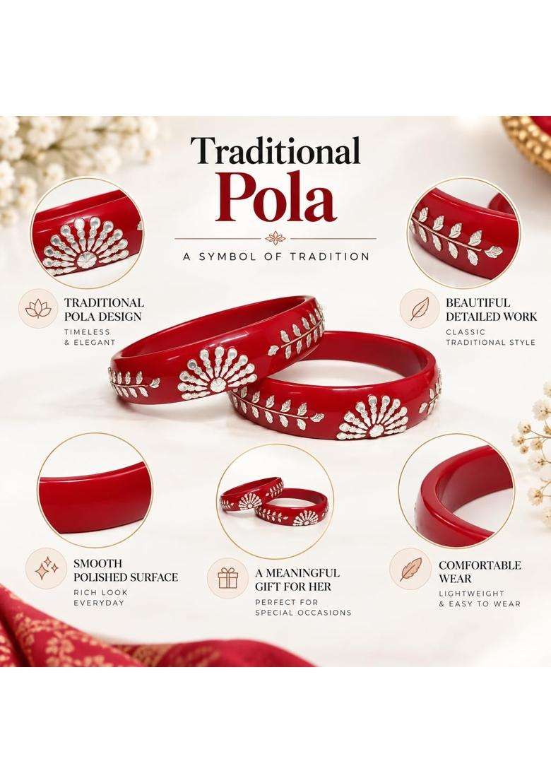 Lakshmi Jewellery Red Pola Bangles for Women with 925 Sterling Silver Peacock and Leaf Motif - Indya