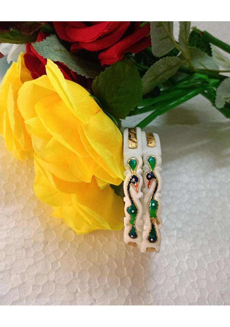 Purabi Original Hand Carved Conch Shell Shakha Bangles with Green Peacock - Indya