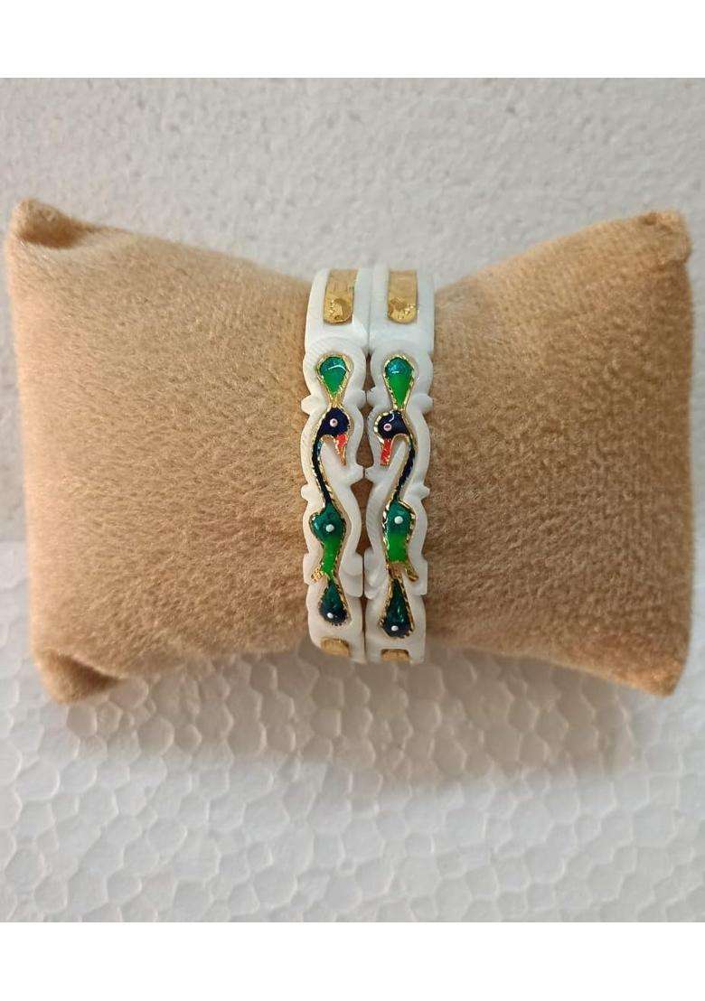 Purabi Original Hand Carved Conch Shell Shakha Bangles with Green Peacock - Indya