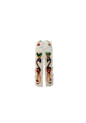 Purabi White Jewels Original Hand Carved Conch Shell Shakha Bangles with Traditional Peacock Set of 2