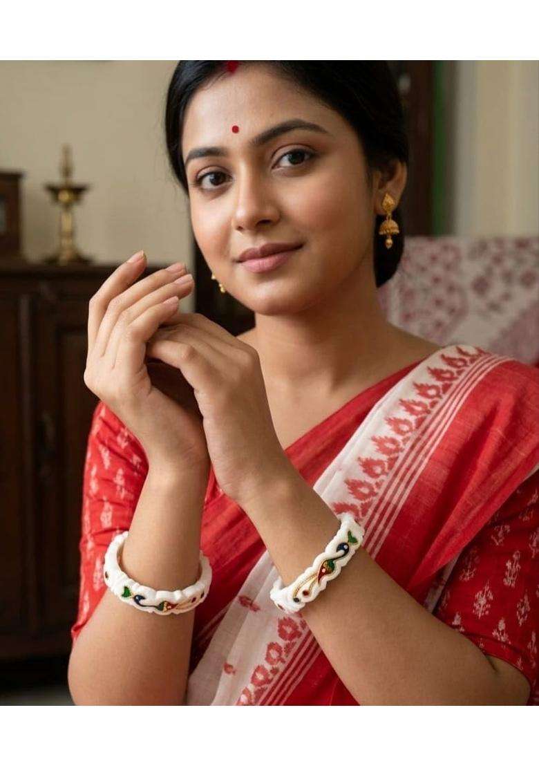Purabi White Jewels Original Hand Carved Conch Shell Shakha Bangles with Traditional Peacock Set of 2 - Indya