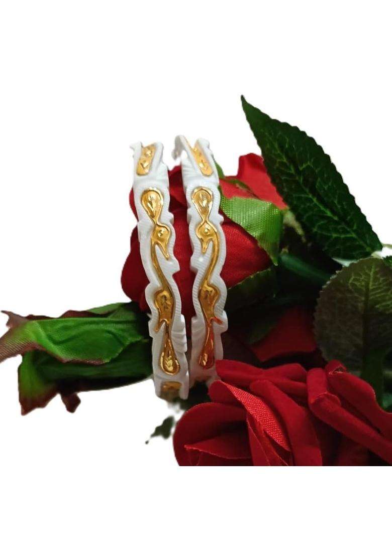 Purabi Jewels Peacock Design Original Shakha Bangle White and Gold Traditional Style Set of 2 - Indya
