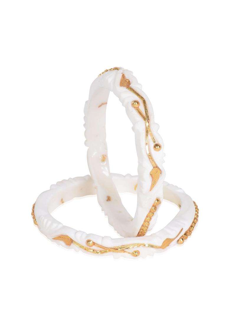 Happycraft Traditional Bengali Wedding Original Sakha Pola White Bangles for Women with City Gold Pack of 2 - Indya