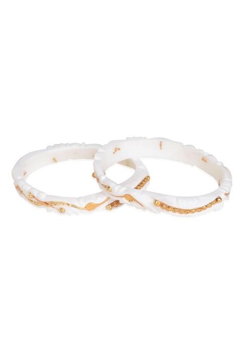 Happycraft Traditional Bengali Wedding Original Sakha Pola White Bangles for Women with City Gold Pack of 2