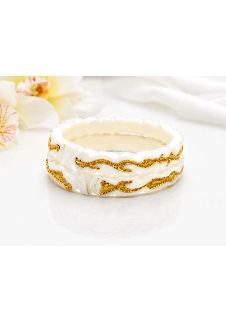 Premium Gold Plated Fish Design Sakha Bangles for Women Traditional Bengali White Sakha Pair Set of 2 - Indya